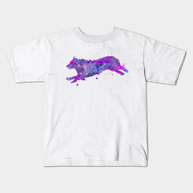 Running Australian Shepherd Dog Watercolor Painting Kids T-Shirt by Miao Miao Design